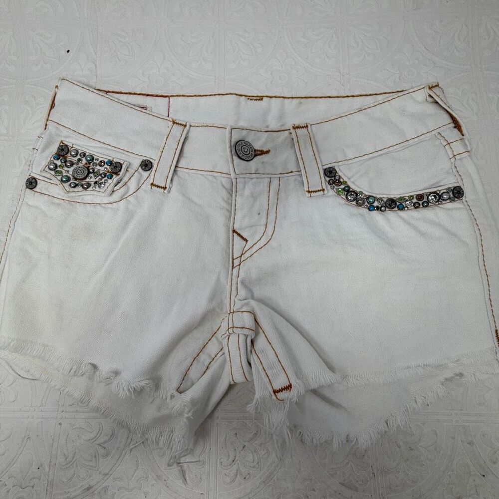 Vintage True Religion White Distressed Joey Cut Off Embellished Shorts Size 26